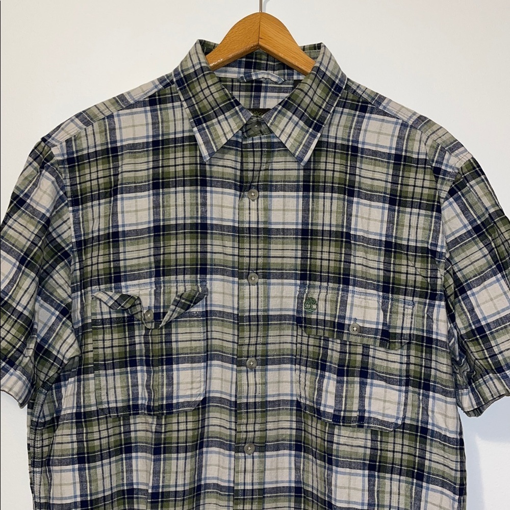 TIMBERLAND Linen Cotton Plaid Short Sleeve Button Down Shirt Mens Medium